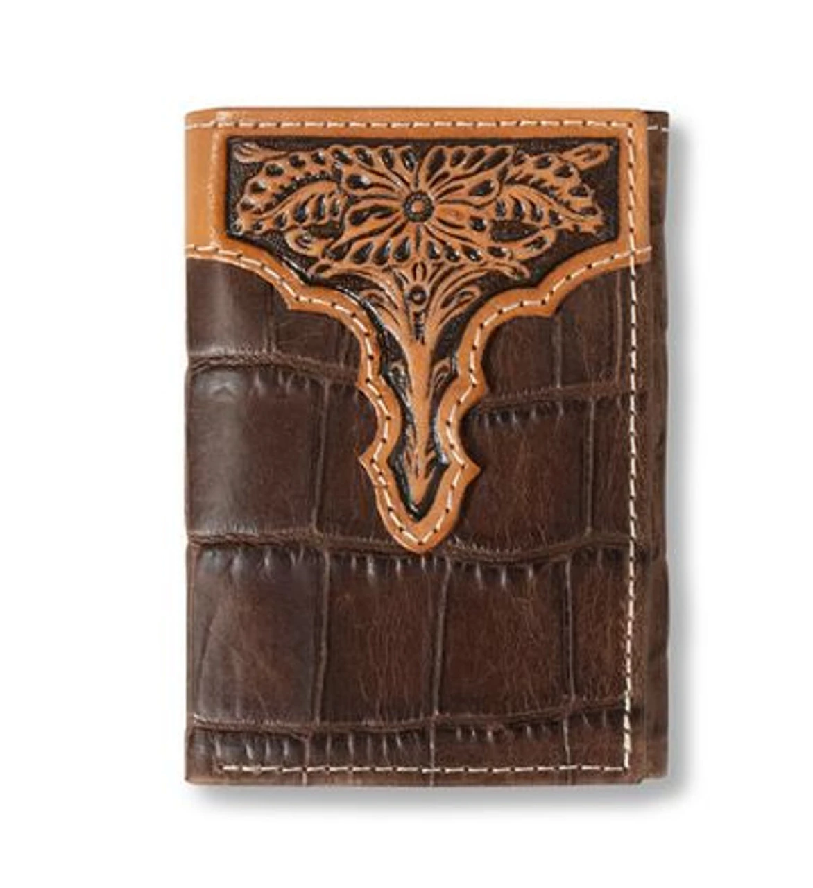 Ariat Brown Trifold Wallet With Croco Texture And Floral Embossing 1 Ariat Brown Trifold Wallet With Croco Texture And Floral Embossing