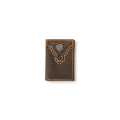 Ariat Brown Trifold Wallet With Metal Stud Trim And Basket Weave Sunburst Embossing