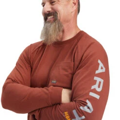 Ariat Mens Mahogany With Light Grey Rebar Cotton Strong Logo Graphic Long Sleeve T-Shirt -Ariat Shop P2555085 3 39172.1661196157