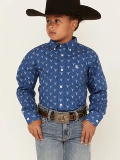 Ariat Boys Royal Blue Jai Skull Print Classic Fit Long Sleeve Western Shirt
