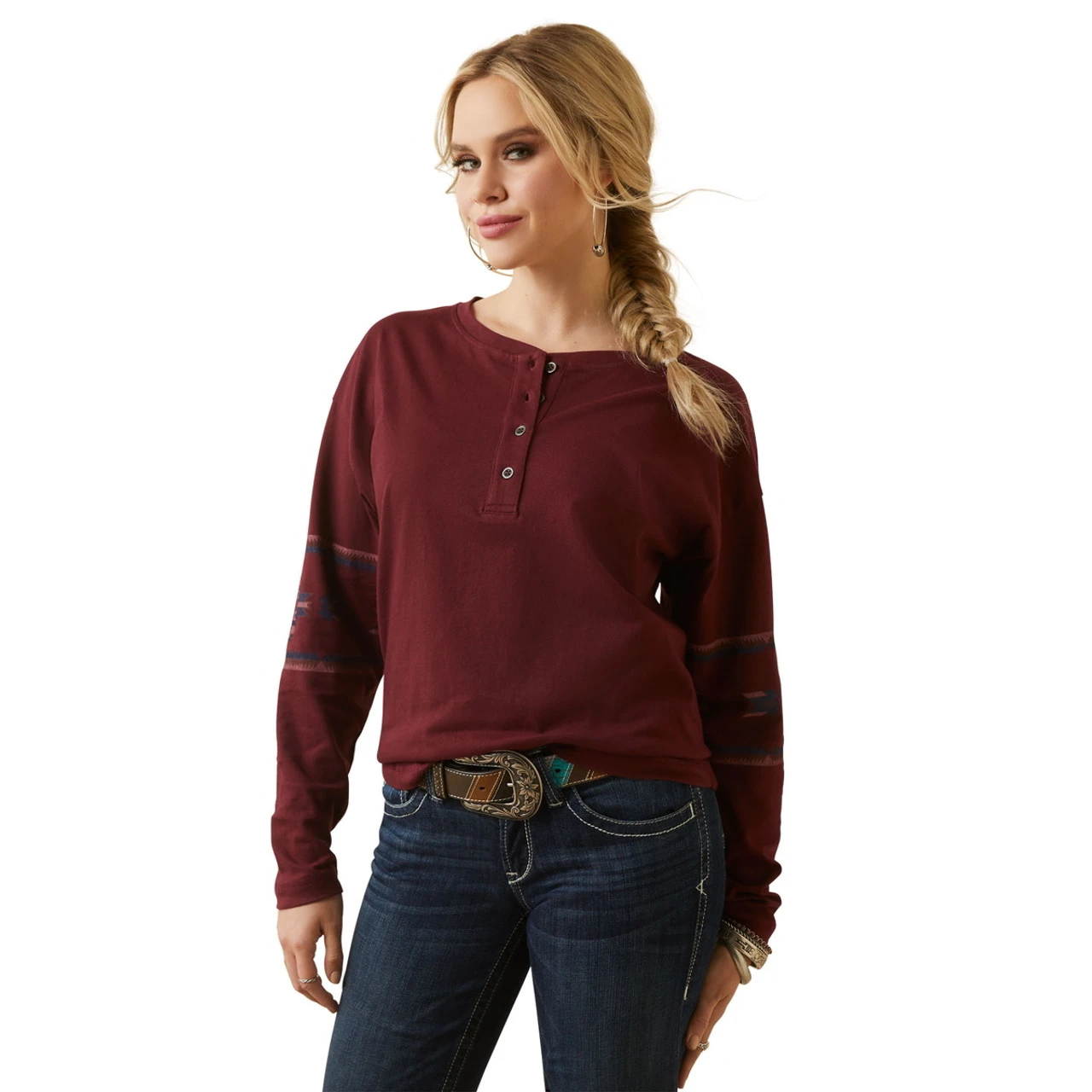 Ariat Womens Tawny Port Relaxed Southwest Henley Top 1 Ariat Womens Tawny Port Relaxed Southwest Henley Top
