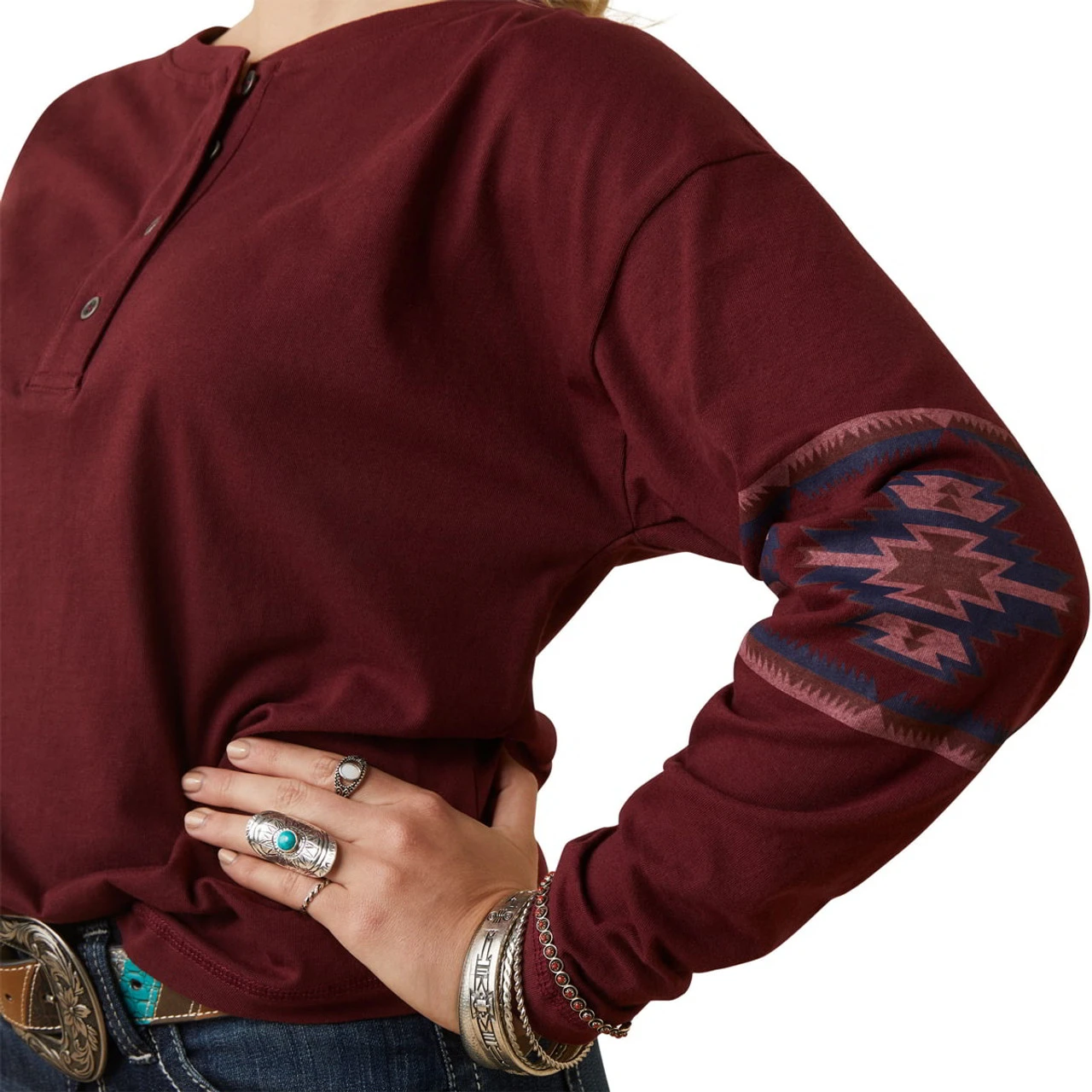 Ariat Womens Tawny Port Relaxed Southwest Henley Top 2 Ariat Womens Tawny Port Relaxed Southwest Henley Top - Image 2