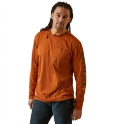 Ariat Mens Carmel Cafe Rebar Workman Logo Long Sleeve T-Shirt