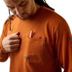 Ariat Mens Carmel Cafe Rebar Workman Logo Long Sleeve T-Shirt -Ariat Shop P2772070 3 82848.1692304462