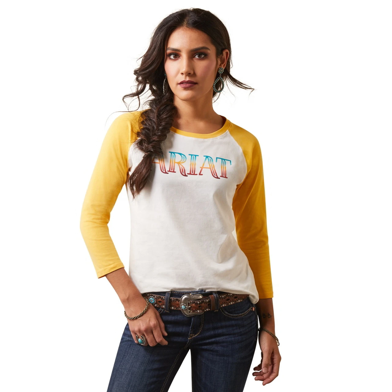 Ariat Womens Coconut Milk And Yolk Yellow Serape Stripe Tee 1 Ariat Womens Coconut Milk And Yolk Yellow Serape Stripe Tee