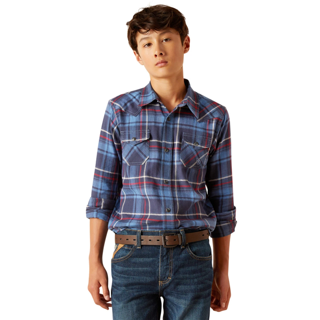 Ariat Boy's Indigo Plaid Harim Retro Fit Long Sleeve Shirt 1 Ariat Boy's Indigo Plaid Harim Retro Fit Long Sleeve Shirt